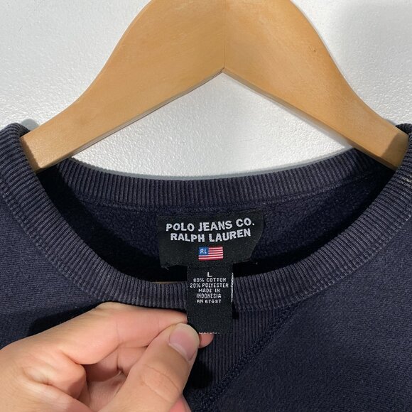 Vintage Polo Jeans Co. Felt Spellout Pullover Crewneck Sweatshirt Navy mens L - Picture 5 of 8
